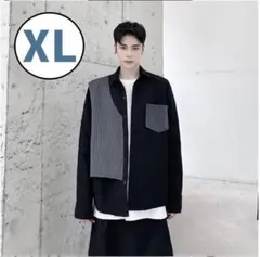 メンズ 長袖シャツ フェイク2ピース ゆったり カジュアル ブラック XL