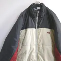 A338　FILA　厚手中綿ナイロンジャケット　XL　濃灰　赤　白　US古着