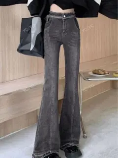フレアデニムパンツ　フレアジーンズ　ダークグレー