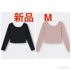 新品　GU コットンブレンドリブクロップドワイドネックT 2枚　M 黒とピンク
