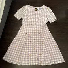 紫と白のチェック カップケーキ柄　半袖ミニワンピース