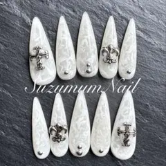 【現品】ネイルチップ クロムネイル サブカル ギャル 白マーブル グランジ
