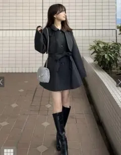 GRL リボンベルト付スタンドカラーミドル丈コート【ze909】チャコール F