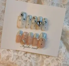 ガーリーフレンチ 水色グラデーション 韓国 量産型 推しネイルチップ