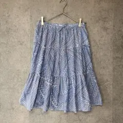 INED イネド 花柄ティアードスカート フレア ウエストゴム ブルー M相当