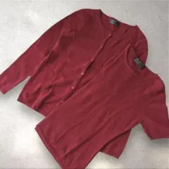 カシミヤ100%アンサンブル　半袖ニット　長袖カーディガンM/G 赤