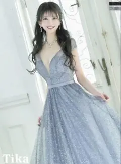 Tika バストシースルー Aラインロングドレス　水色 シルバー ラメ