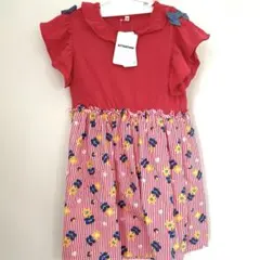 新品　未使用　ワンピース　花柄　肩フリル　赤　130㎝　ストライプ　フラワー