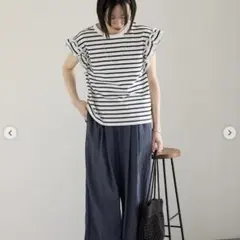 新品　Samansa Mos2 blue 接触涼感　フリル袖フレンチT ネイビー