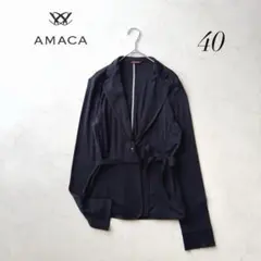 アマカ/ AMACA シルク混テーラードジャケット 40 濃紺 ウエストリボンのサムネイル