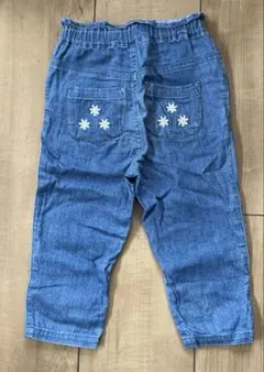 デニム風パンツ 花柄刺繍ポケット　綿　80