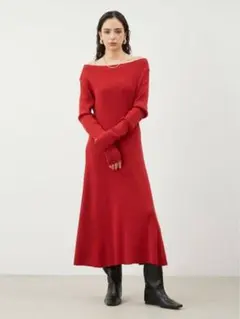 ミラオーウェン　オフショルダーロングリブニットワンピース