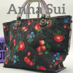 アナスイ トートバッグ ベリー柄 総柄 A4可 ブラック エンボス加工 レザー