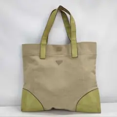 PRADA 三角ロゴ キャンバス トートバッグ ベージュ グリーン ハンドバッグ