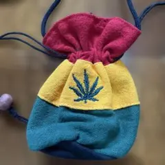 ラスタカラー　ミニ巾着　ガンジャ　リーフ　葉っぱ刺繍　レゲエカラー　ポーチ