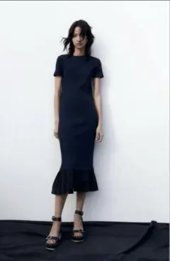 ZARA プリーツヘムワンピース ネイビー×ブラックマーメイド Sサイズ