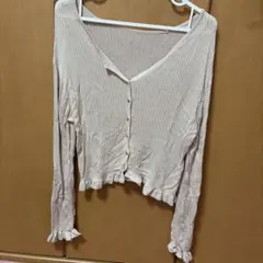 しまむらベージュ系 リブニット カーディガン ハートボタン