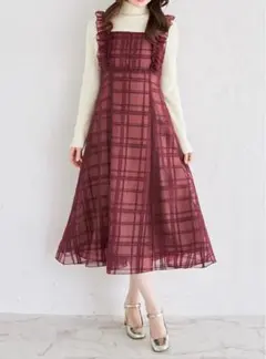 トッコクローゼット フリル付きバックレースアップシアーチェックワンピース