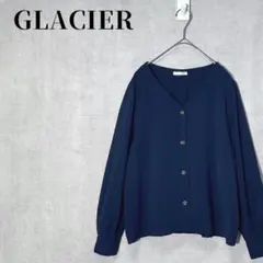GLACIER　フロント釦ブラウス　Ｖネック　ボリューム袖　サイズM　ネイビーのサムネイル