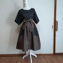 ☆大島紬リメイク5分袖ギャザーワンピースリボン付き身幅49.5cm☆ハンドメイド