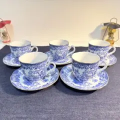 【昭和レトロ】ナルミ Blue Cathay カップ＆ソーサー 5客 金彩 花口