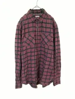 トミーヒルフィガー　長袖シャツ　メンズS　赤色系　格子柄　ボタンダウン　黒色