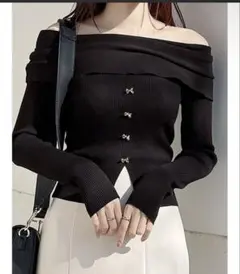 MERCURYDUO/2WAYオフショルリボンボタンニット　黒