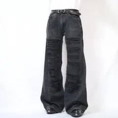 【リメイク】再構築　ブラックデニム　ベルボトム　ワイド　ダメージ　グランジ　ボロ