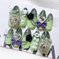 ネイルチップ 量産型 フレンチガーリー 黄色 チェック リボン 推し #65