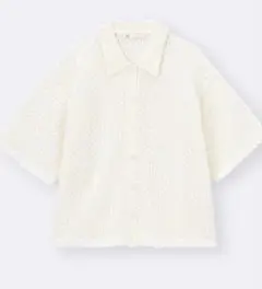 美品⭐︎透かし編みニットシャツ(5分袖)ホワイト