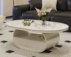 大理石柄 白 セラミック ローテーブル 楕円型 100cm 引き出し収納付き