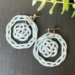 水引ピアス/イヤリング　大ぶり　相生結び×梅結び　水色　白　シルバー　雪の結晶