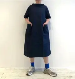 BEAMS BOY ユーロギャザー キャミワンピース ネイビー リネン コットン