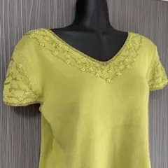 森ガール　フレンチスリーブ　花柄刺繍　Vネック　サマーニット　フェアリーグランジのサムネイル