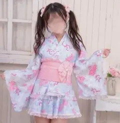 【夢かわロリータ♡姫ギャル浴衣ドレス　ホワイト×ブルー♡ レースフリル ピンク】 夢かわロリータ♡姫ギャル浴衣ドレス ホワイト×ブルー♡ レースフリル