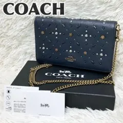 COACH ネイビー ビジューショルダーバッグ　レザー