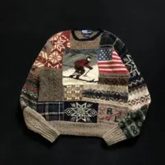 90sラルフローレン 両面パッチワーク 雪柄 スキー柄 星条旗 ニット セーター