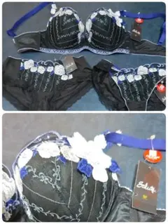 WacoalSalute ブラック 花柄刺繍 ブラジャーショーツ2枚セット