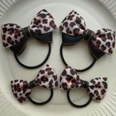 【210】ヒョウ柄リボンヘアゴム4個セット