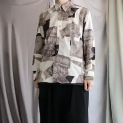 淡デザイン　総柄シャツ　ポリシャツ　古着　メンズ　シャツ