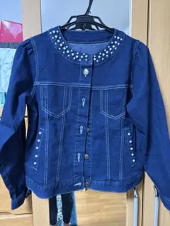 ビーズ装飾付きダークブルーデニムジャケット M