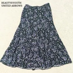 美品◎ユナイテッドアローズ フラワープリントフレアマキシスカート L ネイビー系