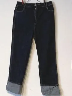 濃紺ジーパン　裾折長デニムパンツレデースズボン　サイズL ウエスト69〜77