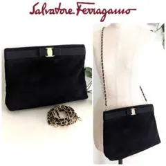 良品 フェラガモ 2way レザー チェーン クラッチバッグ 鞄 ブラック 黒
