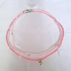 No.130 ビーズネックレス　ハンドメイド　2連　ハートチャーム　ピンク