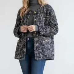 651さ@ 新品タグ付き ツイード ノーカラー ジャケット ブラック