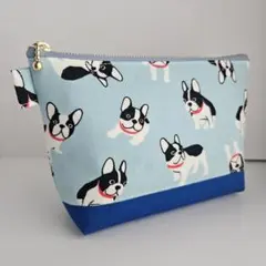 フレンチブルドッグ柄×帆布・ブルー・まち付きポーチ20㎝