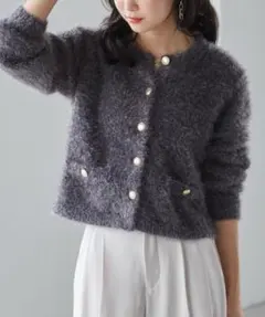 RANAN ラナン　ゴールドボタンラメシャギーカーディガン　グレー