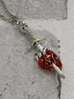 骸骨×剣モチーフデザインネックレス赤× シルバーロープチェーン仕様