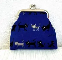 ハンドメイド　がま口　財布　猫　キャット　ブルー　ブルー　青　子猫　コインケース